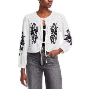 Lucky & Coco Womens Medium White Black Floral Embroidered Tie Front Cropped Top